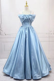 Blue Sweet A-Line Spaghetti Strap Satin Long Prom Dress Evening Party Dress HZ1108