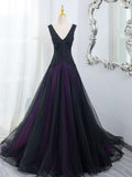 Black Tulle A-Line V-Neck Purple Satin Lace Applique Long Prom Dress With Beadings HZ1108
