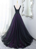 Black Tulle A-Line V-Neck Purple Satin Lace Applique Long Prom Dress With Beadings HZ1108