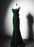 Dark Green Vintage Mermaid Velvet Spaghetti Straps Long Prom Dress HZ1108