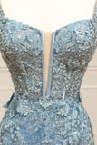 Beautiful Tiffany Blue Spaghetti Straps Tulle Applique Long Prom Dress Sequined Evening Dress with Slits HZ1108