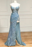 Beautiful Tiffany Blue Spaghetti Straps Tulle Applique Long Prom Dress Sequined Evening Dress with Slits HZ1108