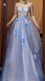 Backless A-Line Spaghetti Strap Tulle Applique Long Prom Dress Sweet Evening Dress HZ1108