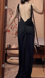 Black Sexy Chiffon Sheath Backless Long Prom Dress Spaghetti Strap Party Dress HZ1108