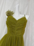 A-Line Olive Green Spaghetti Strap Tulle Long Prom Dress Sweet Birthday Evening Dress HZ1108