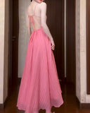 Cute Pink A-Line Chiffon Spaghetti Strap Backless Long Prom Dress Party Dress HZ1108