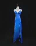 Beautiful Backless Beaded Satin Sheath Royal Blue Long Prom Dress Formal Evening Gown HZ1108