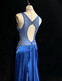 Beautiful Backless Beaded Satin Sheath Royal Blue Long Prom Dress Formal Evening Gown HZ1108
