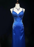 Beautiful Backless Beaded Satin Sheath Royal Blue Long Prom Dress Formal Evening Gown HZ1108