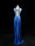 Beautiful Backless Beaded Satin Sheath Royal Blue Long Prom Dress Formal Evening Gown HZ1108