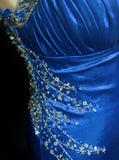 Beautiful Backless Beaded Satin Sheath Royal Blue Long Prom Dress Formal Evening Gown HZ1108