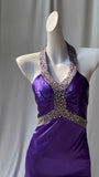 Charming Purple Halter Satin Sheath Beaded Sequins Backless Prom Dress Temperament Evening Dress HZ1108