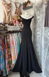 Elegant Black V-Neck Satin Mermaid Long Prom Dresses Formal Evening Gowns HZ1108