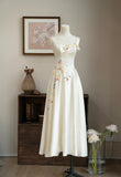 Gorgeous Off-White Spaghetti Strap A-Line Satin Embroidered Applique Party Dresses Sweet 16 Dress HZ1108