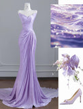 Simple Purple Strapless Mermaid Pleated Train Prom Dresses Formal Evening Gowns HZ1108