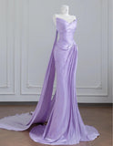 Simple Purple Strapless Mermaid Pleated Train Prom Dresses Formal Evening Gowns HZ1108