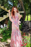 Fairytale Pink Spaghetti Straps Printed Chiffon Mermaid Prom Dresses Vintage Backless Evening Gowns HZ1108