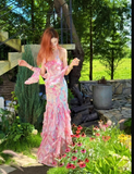 Fairytale Pink Spaghetti Straps Printed Chiffon Mermaid Prom Dresses Vintage Backless Evening Gowns HZ1108
