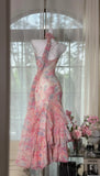 Fairytale Pink Spaghetti Straps Printed Chiffon Mermaid Prom Dresses Vintage Backless Evening Gowns HZ1108