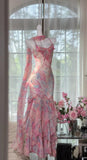 Fairytale Pink Spaghetti Straps Printed Chiffon Mermaid Prom Dresses Vintage Backless Evening Gowns HZ1108