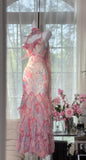 Fairytale Pink Spaghetti Straps Printed Chiffon Mermaid Prom Dresses Vintage Backless Evening Gowns HZ1108