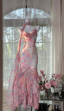 Fairytale Pink Spaghetti Straps Printed Chiffon Mermaid Prom Dresses Vintage Backless Evening Gowns HZ1108