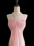 Sweet Pink Halter Neck Chiffon Mermaid Long Prom Dresses Formal Evening Gowns HZ1108