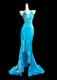 Vintage Blue Spaghetti Straps Hi-Lo Backless Satin Beaded Prom Dresses Elegant Evening Dress HZ1108
