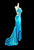 Vintage Blue Spaghetti Straps Hi-Lo Backless Satin Beaded Prom Dresses Elegant Evening Dress HZ1108