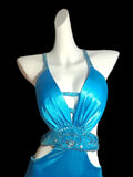Vintage Blue Spaghetti Straps Hi-Lo Backless Satin Beaded Prom Dresses Elegant Evening Dress HZ1108
