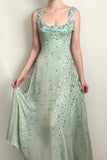 Fairytale Green Beaded Spaghetti Straps Chiffon A-Line Long Prom Dresses Sweet Evening Gowns HZ1108