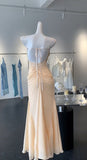 Simple Light Champagne Sweetheart Neck Chiffon Open Back Sheath Long Prom Dresses Formal Evening Gowns HZ1108