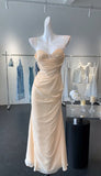 Simple Light Champagne Sweetheart Neck Chiffon Open Back Sheath Long Prom Dresses Formal Evening Gowns HZ1108