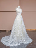 Elegant White V-neck Lace Applique A-Line Wedding Dress with Train HZ1108