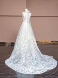 Elegant White V-neck Lace Applique A-Line Wedding Dress with Train HZ1108