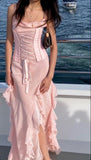 Pink Chiffon Spaghetti Straps with Slits Party Dress Beautiful Bridesmaid Dress HZ1108
