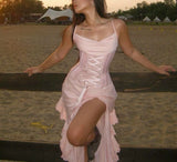 Pink Chiffon Spaghetti Straps with Slits Party Dress Beautiful Bridesmaid Dress HZ1108