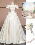 Charming Off-White A-Line Satin Square Neck Wedding Dress with 3D Flowers HZ1108