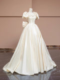Charming Off-White A-Line Satin Square Neck Wedding Dress with 3D Flowers HZ1108