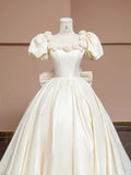Charming Off-White A-Line Satin Square Neck Wedding Dress with 3D Flowers HZ1108