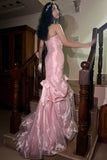 Elegant Strapless Pink Tulle Mermaid Long Prom DressesFormal Evening Gowns HZ1108
