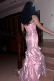 Elegant Strapless Pink Tulle Mermaid Long Prom DressesFormal Evening Gowns HZ1108