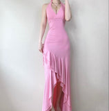 Pretty Pink Halter Neck Ruffle Sheath Party Dresses with Slits HZ1108