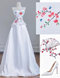Simple White Strapless Satin Beaded A-line Wedding Dresses Formal Evening Gowns HZ1108