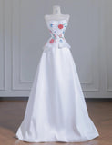 Simple White Strapless Satin Beaded A-line Wedding Dresses Formal Evening Gowns HZ1108
