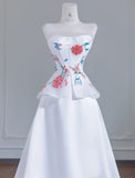 Simple White Strapless Satin Beaded A-line Wedding Dresses Formal Evening Gowns HZ1108