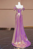 Gorgeous Purple Off Shoulder Satin Beaded A-line Long Prom Dresses Stylish Formal Evening Gowns HZ1108