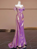 Gorgeous Purple Off Shoulder Satin Beaded A-line Long Prom Dresses Stylish Formal Evening Gowns HZ1108