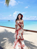 Fashion Red Off Shoulder Printed Chiffon A-line Party Dresses Daily Evening Gowns HZ1108