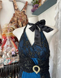 Elegant Blue Satin Black Lace Appliques V-Neck Backless A-Line Party Dress Vintage Formal Evening Gowns HZ1108